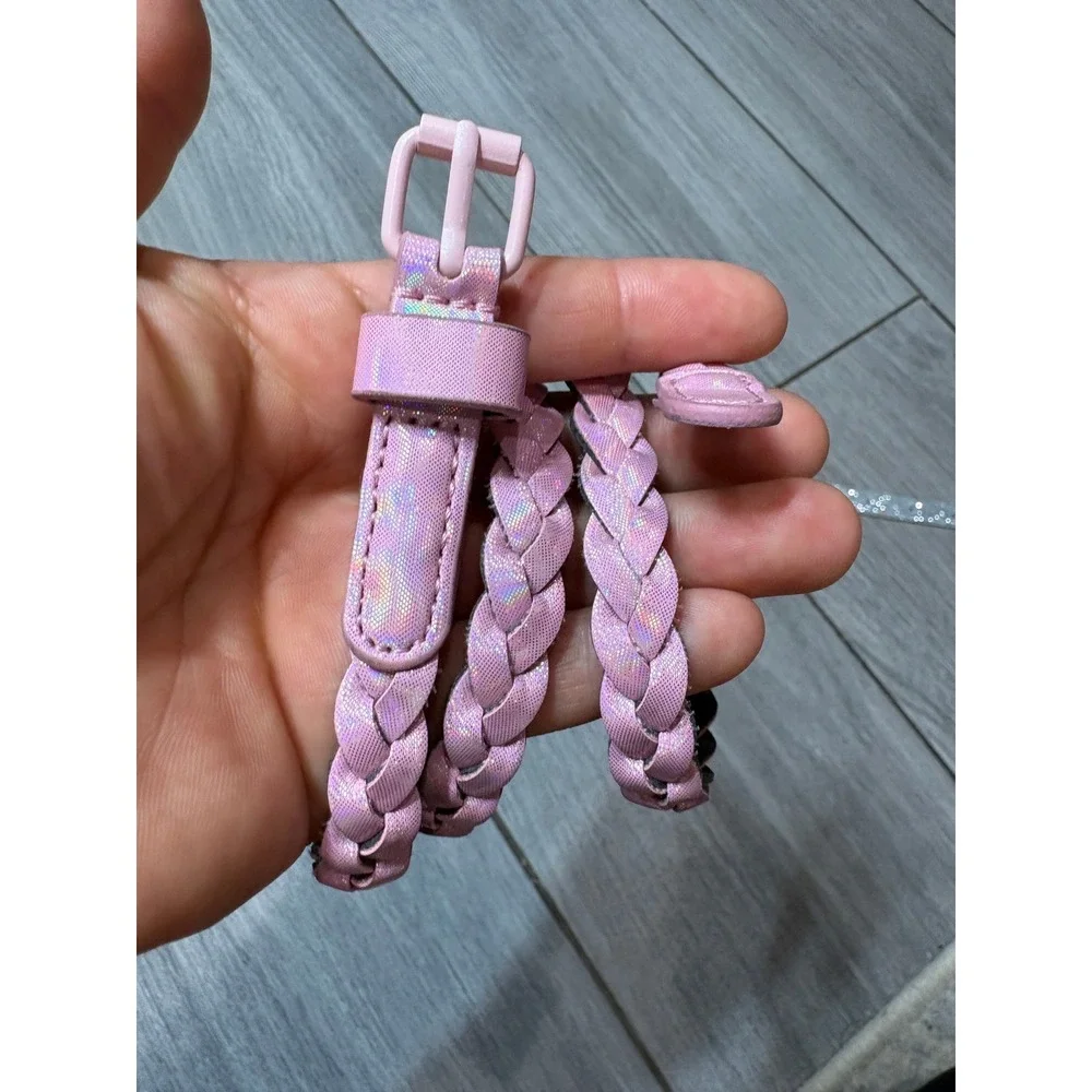Girls 2 Piece Belt Set Silver Glitter Unicorn Buckle and Pink Braided Iridescent
